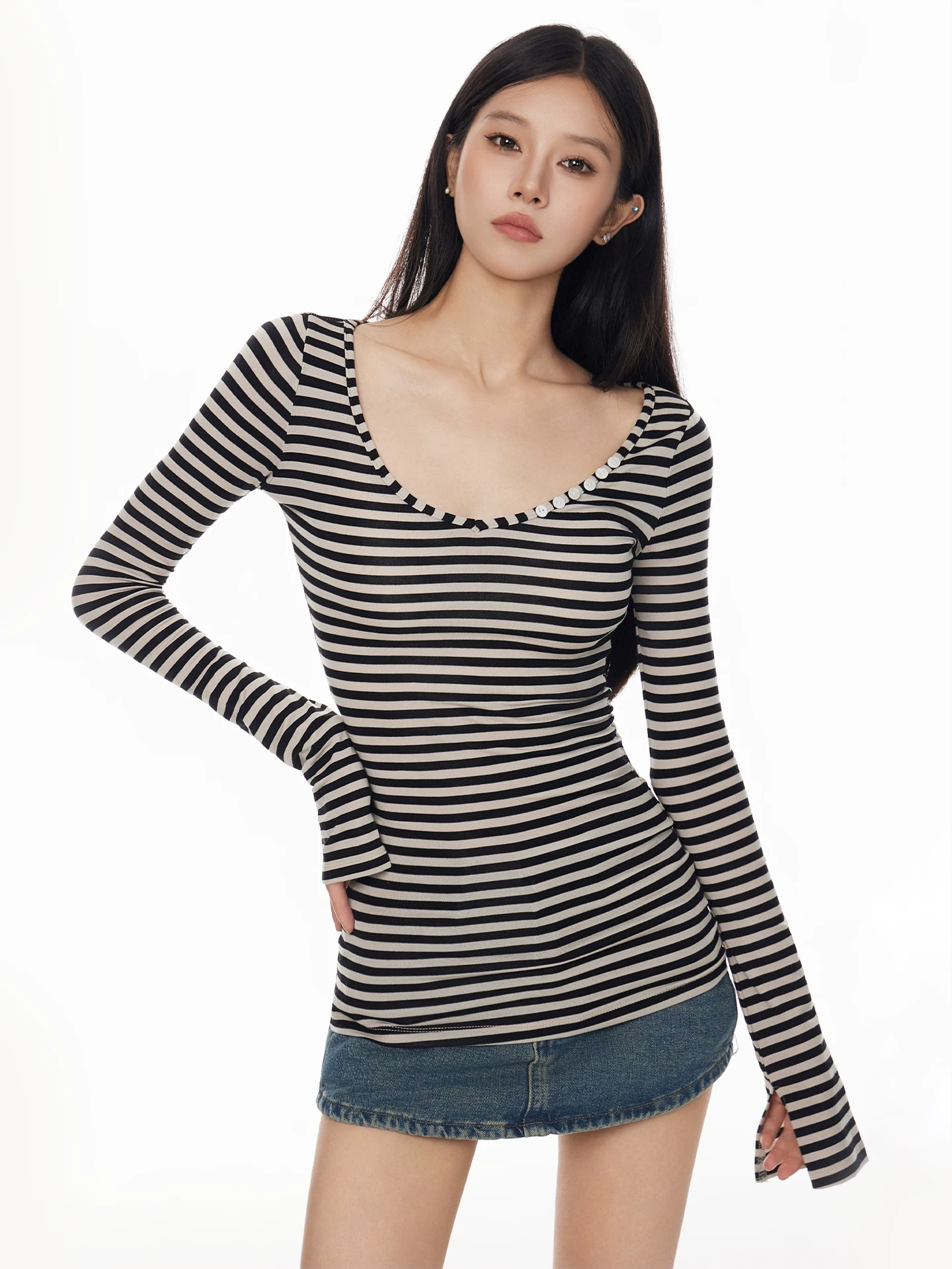 ボーダー Vネック 長袖Tシャツ 商品写真