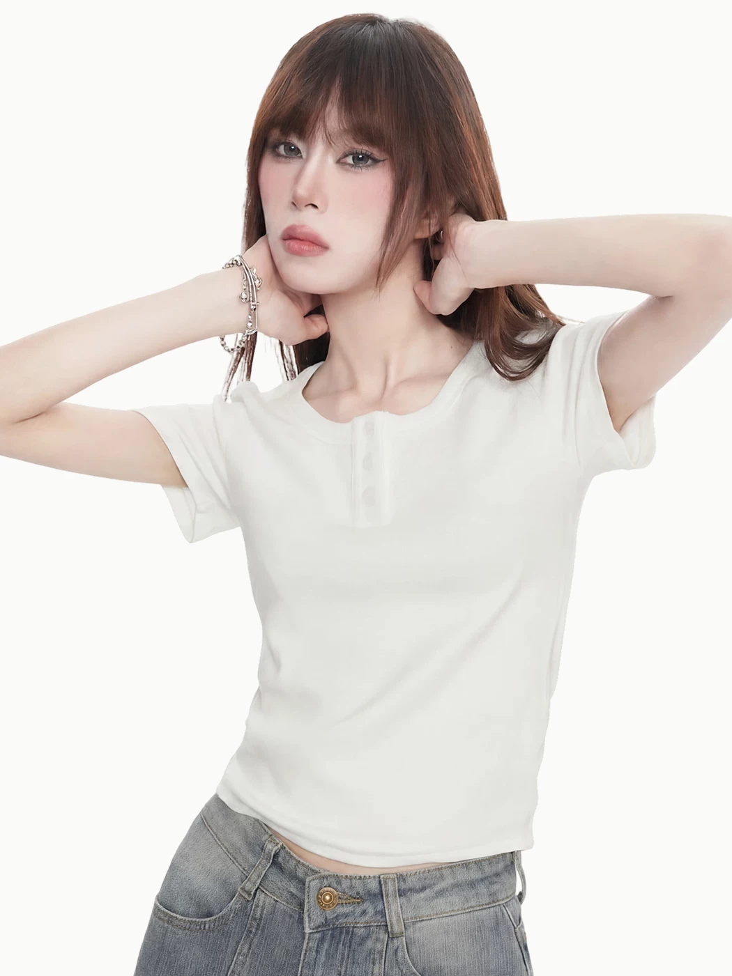 ボタン付き リブショート丈Tシャツ 商品写真