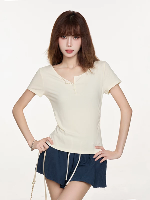 ギャザー Vネック 半袖Tシャツ 商品写真