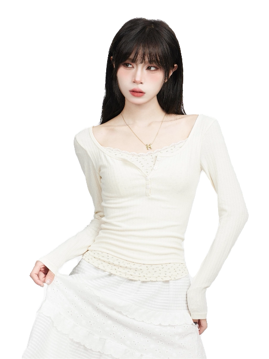 レイヤード風 レース 長袖Tシャツ 商品写真