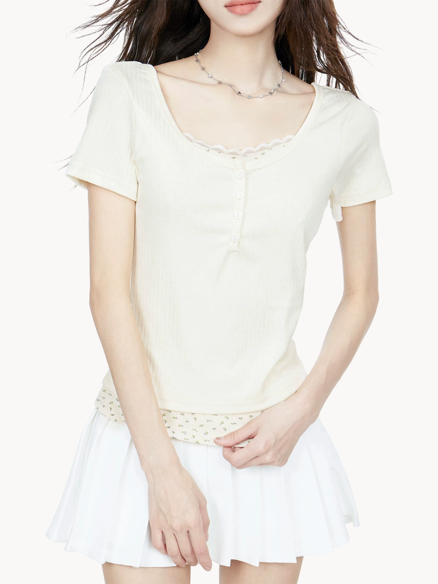 レイヤード風 レース 半袖Tシャツ 商品写真