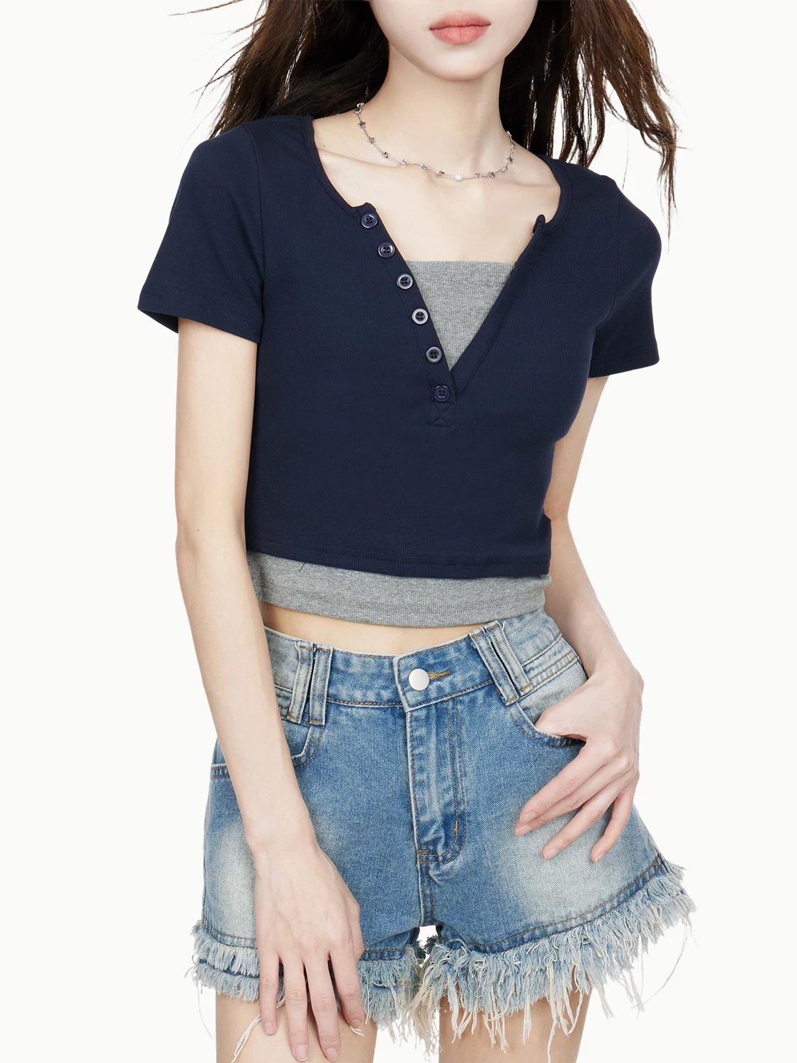 レイヤード風 Vネック 半袖Tシャツ 商品写真