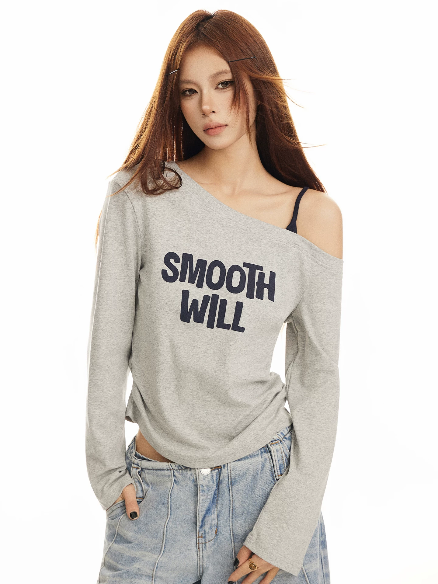 レイヤード風 オフショルダー 長袖Tシャツ 商品写真
