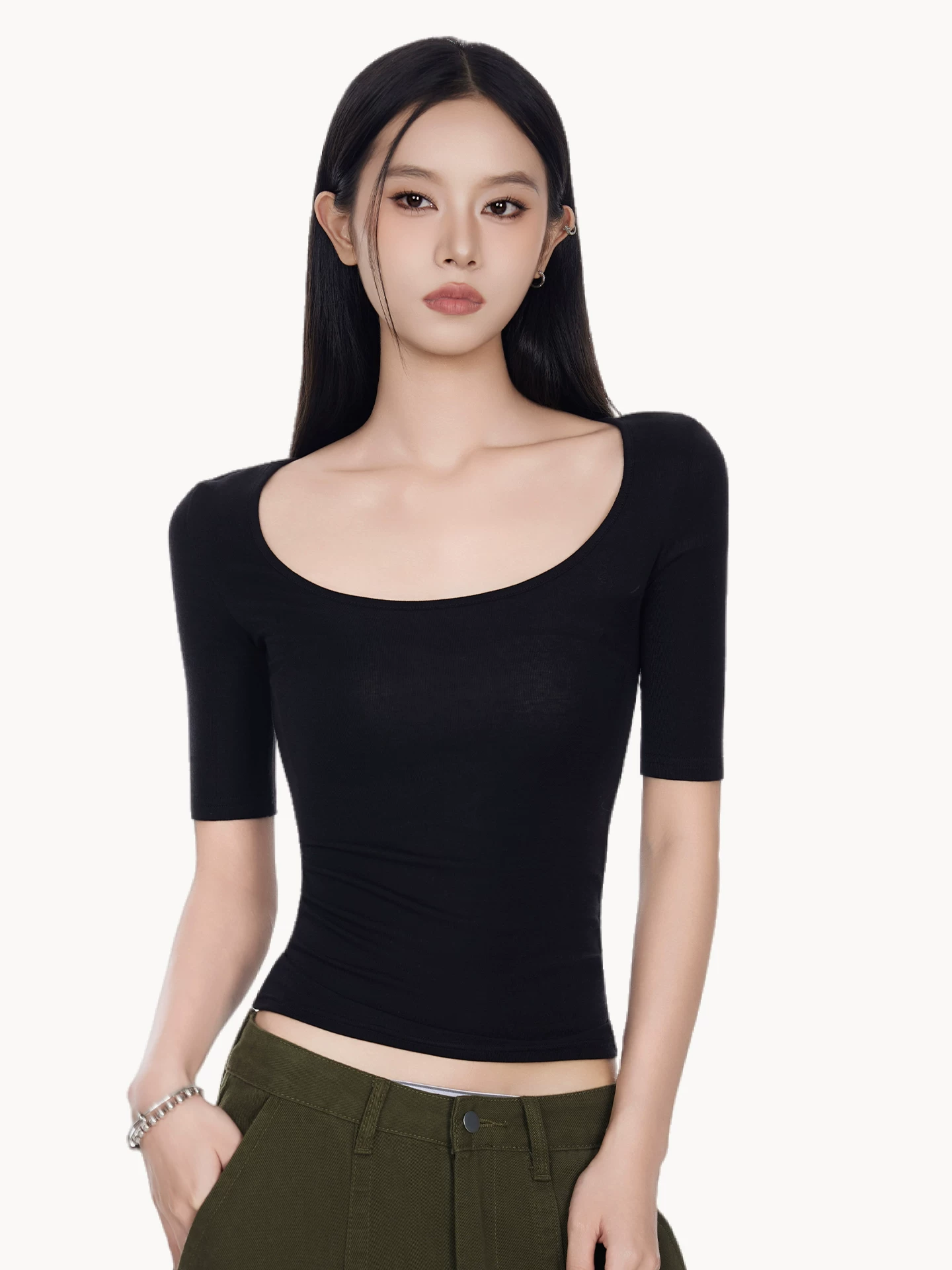 Uネック 五分袖Tシャツ 商品写真
