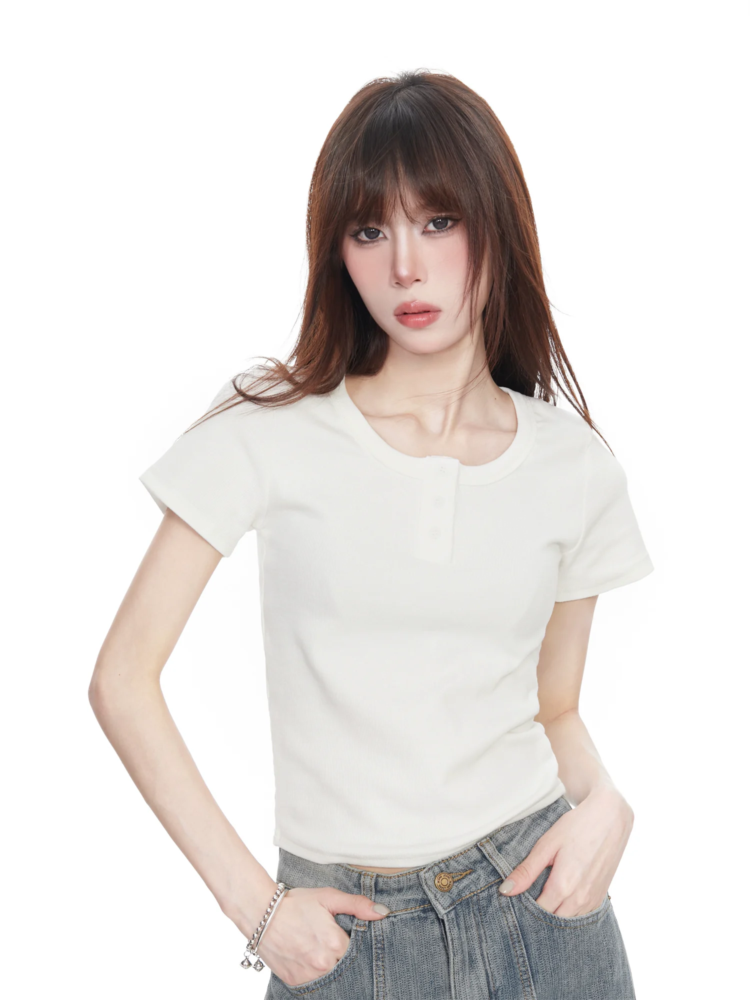 ボタン付き クルーネック半袖Tシャツ 商品写真