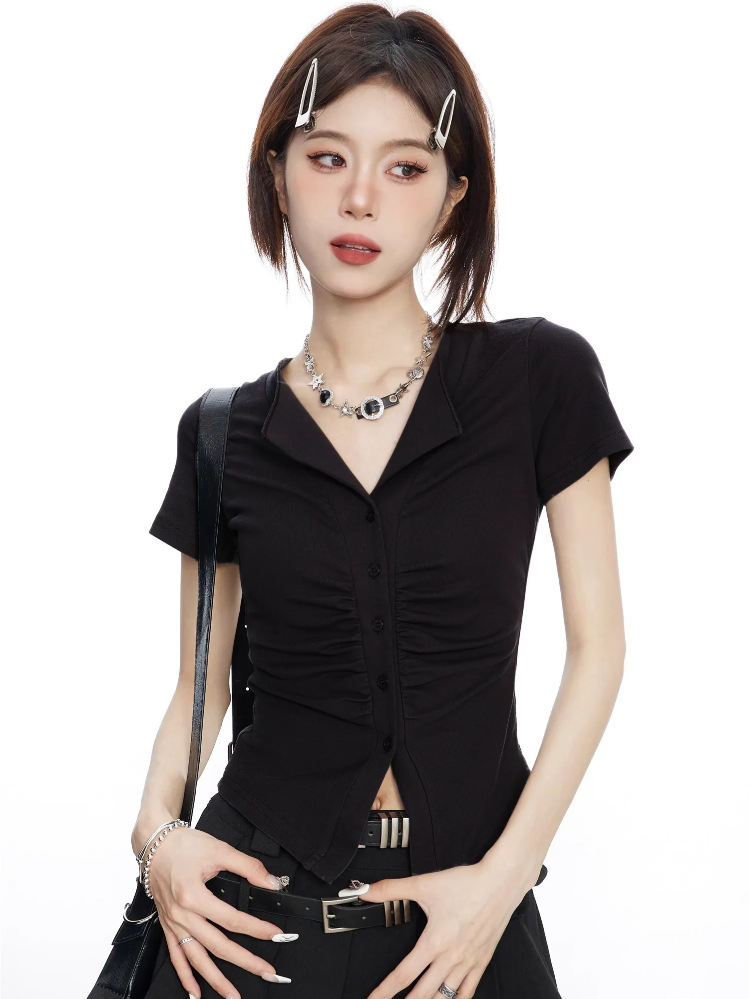ギャザー Vネック 半袖Tシャツ 商品写真