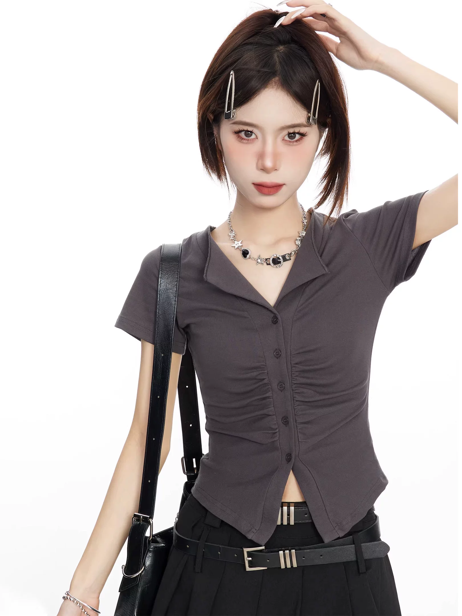 襟付き ギャザーショート丈Tシャツ 商品写真