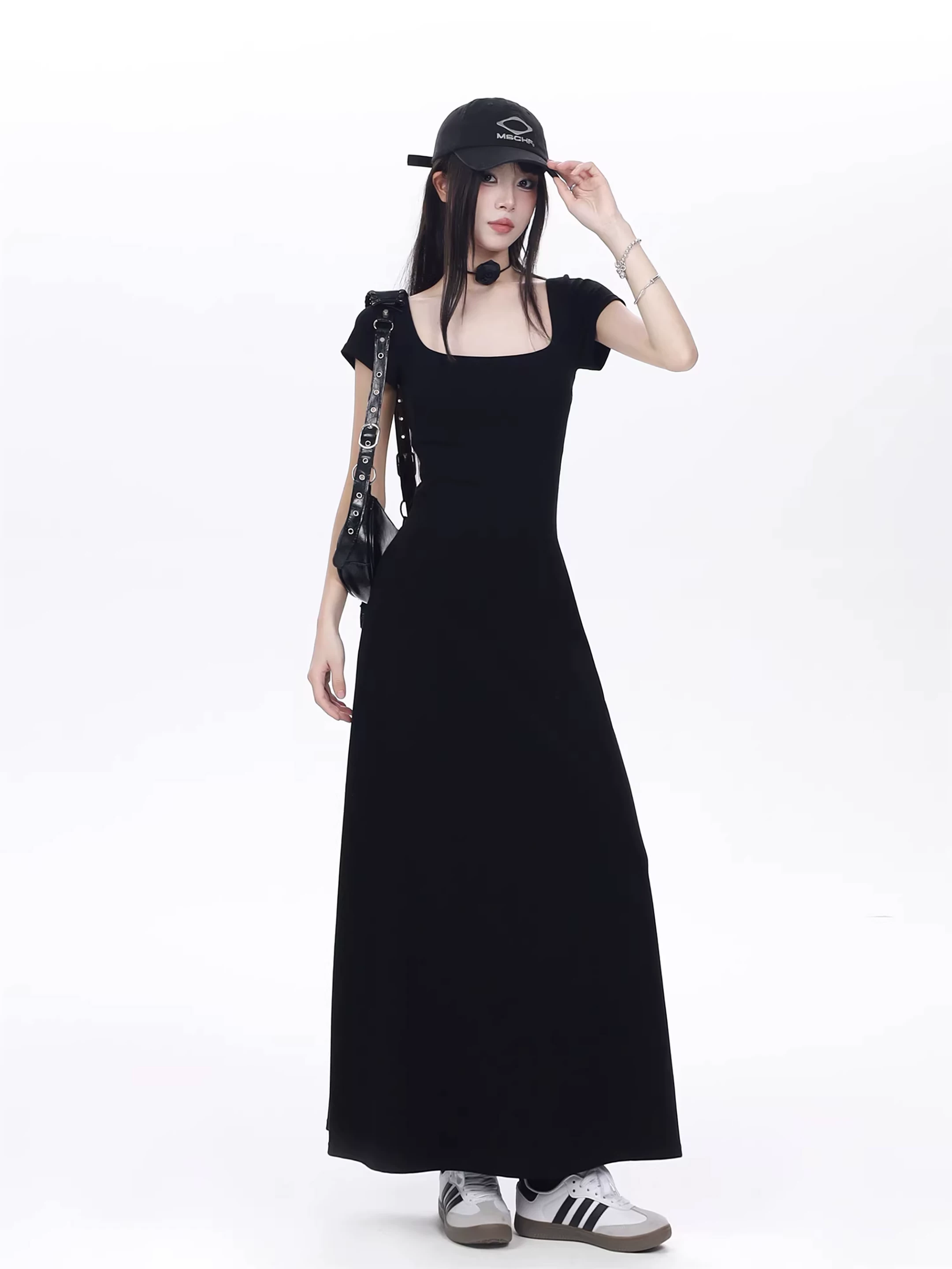 スクエアネック ハイウエスト ロングワンピース 商品写真