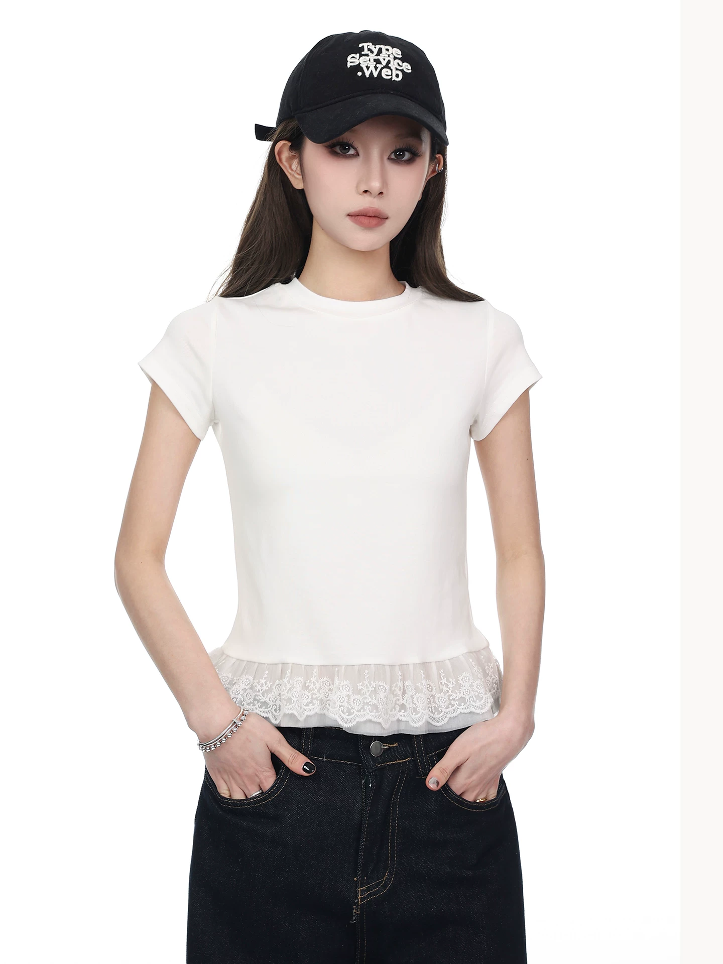レース 切り替え 半袖Tシャツ 商品写真