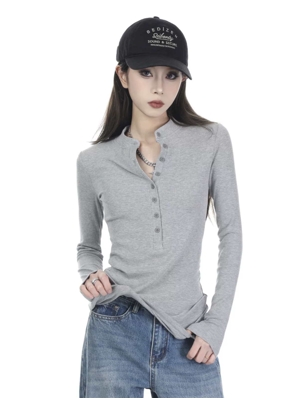 ボタンデザイン リブ長袖Tシャツ 商品写真
