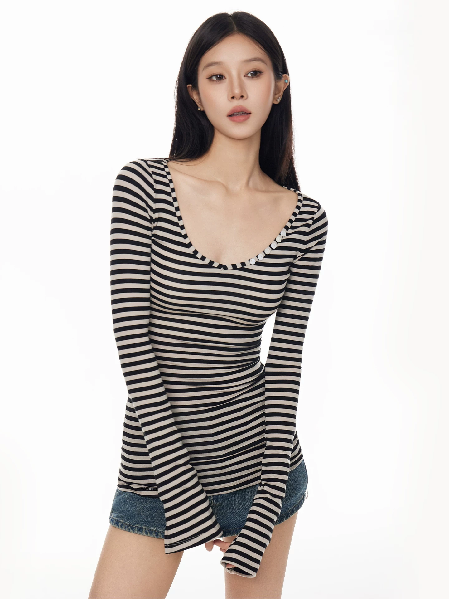 ボーダー Vネック 長袖Tシャツ 商品写真