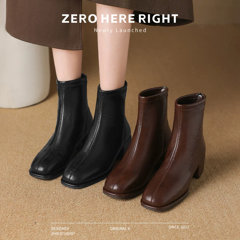 ZHR スクエアトゥ チャンキーヒール ショートブーツ 商品写真