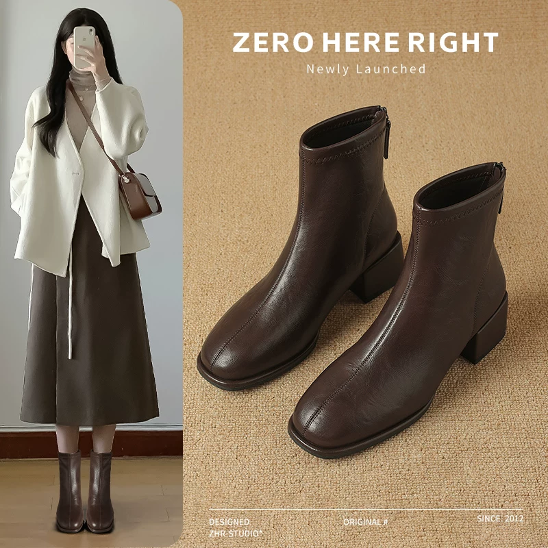ZHR スクエアトゥ チャンキーヒール ショートブーツ 商品写真