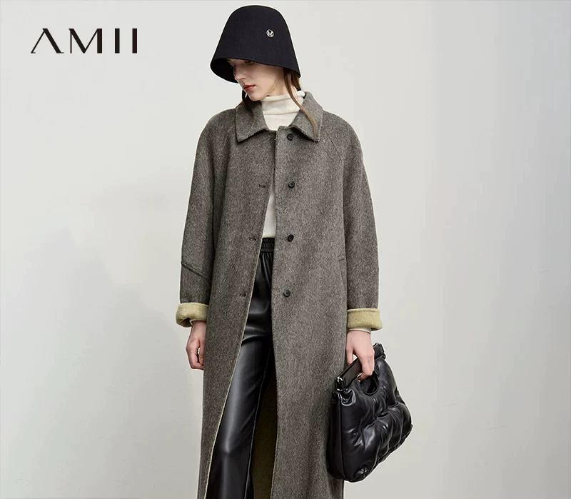 ウール混 配色ダブルフェイスロングコート｜Amii 商品写真