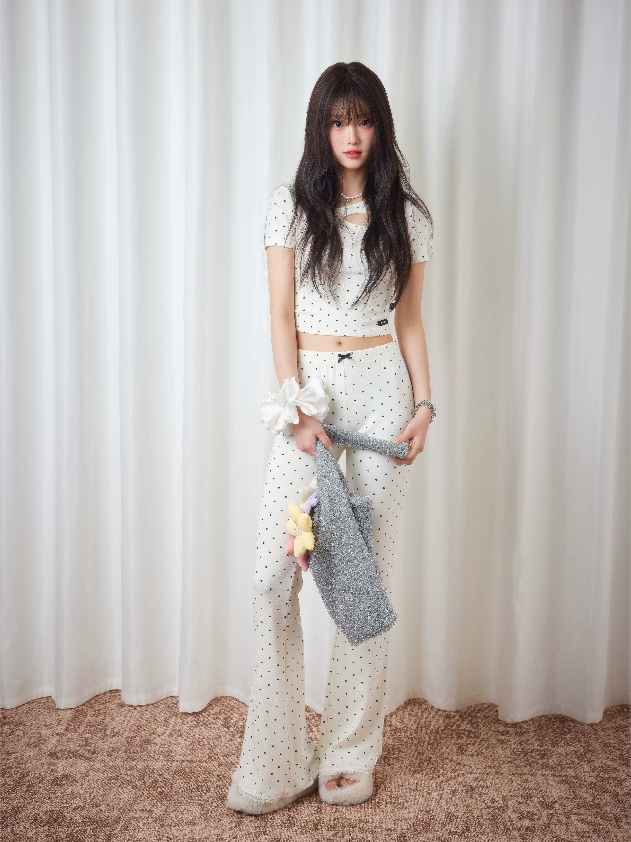 リボン＆レース裾 小柄ロングパンツ 商品写真