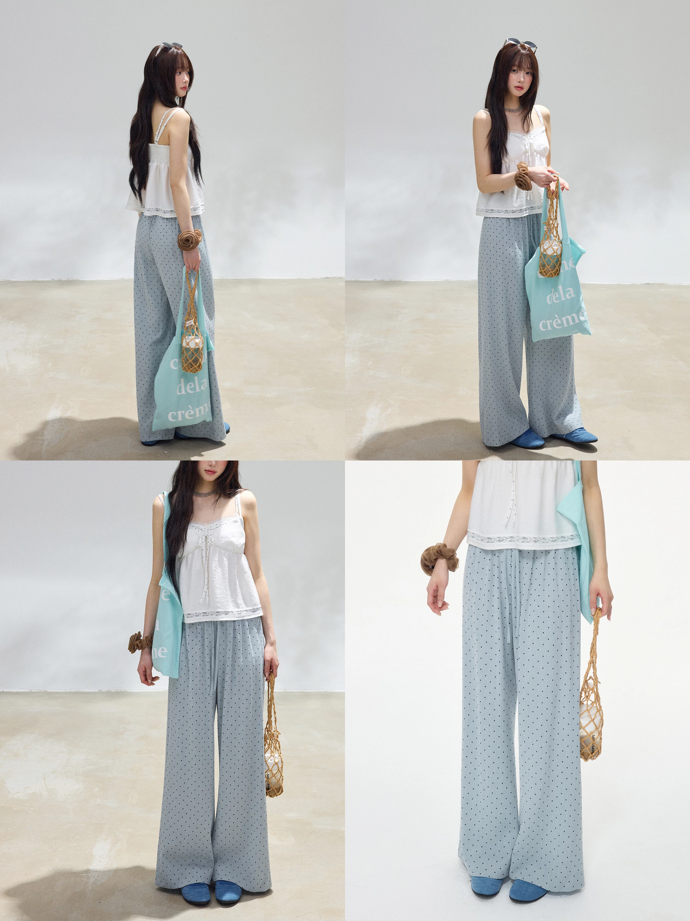 ライトブルー ドット柄ワイドパンツ 商品写真