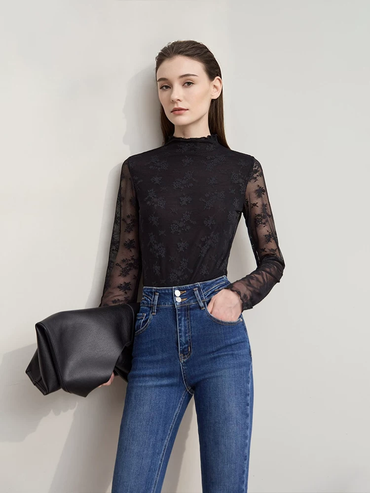 Amii 花柄メッシュジャカード モックネック長袖トップス 商品写真