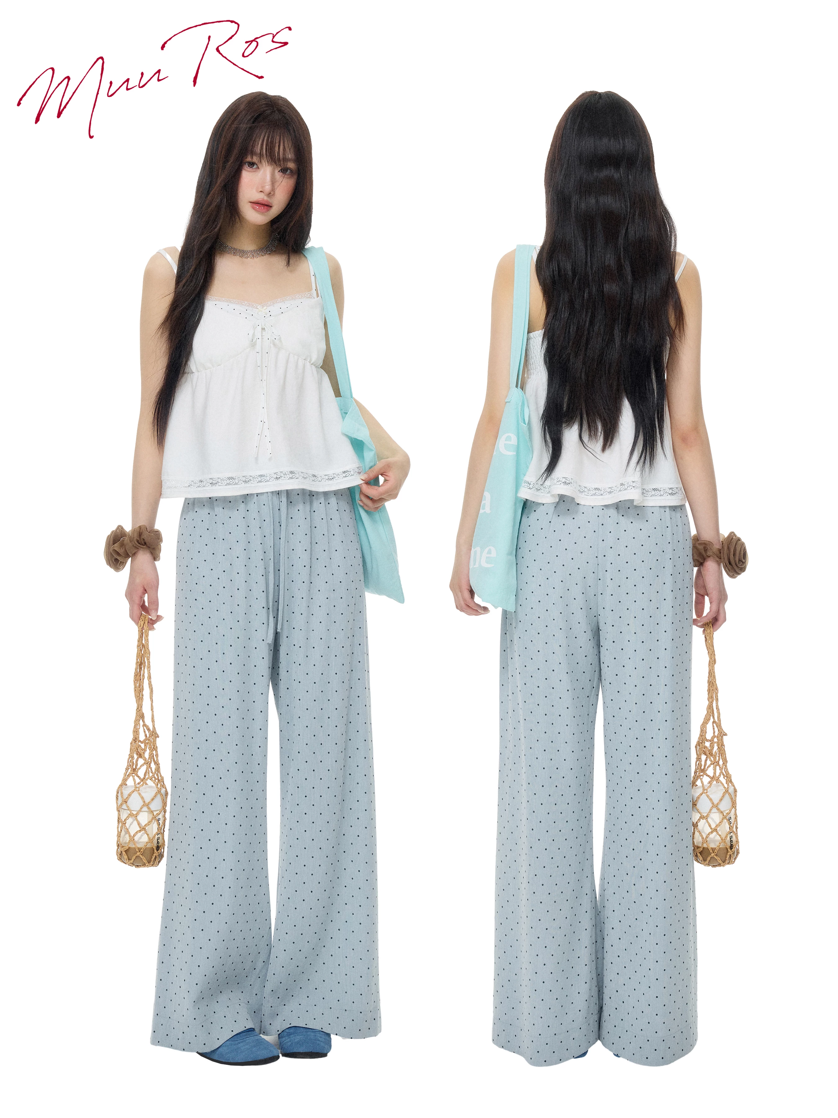 ライトブルー ドット柄ワイドパンツ 商品写真
