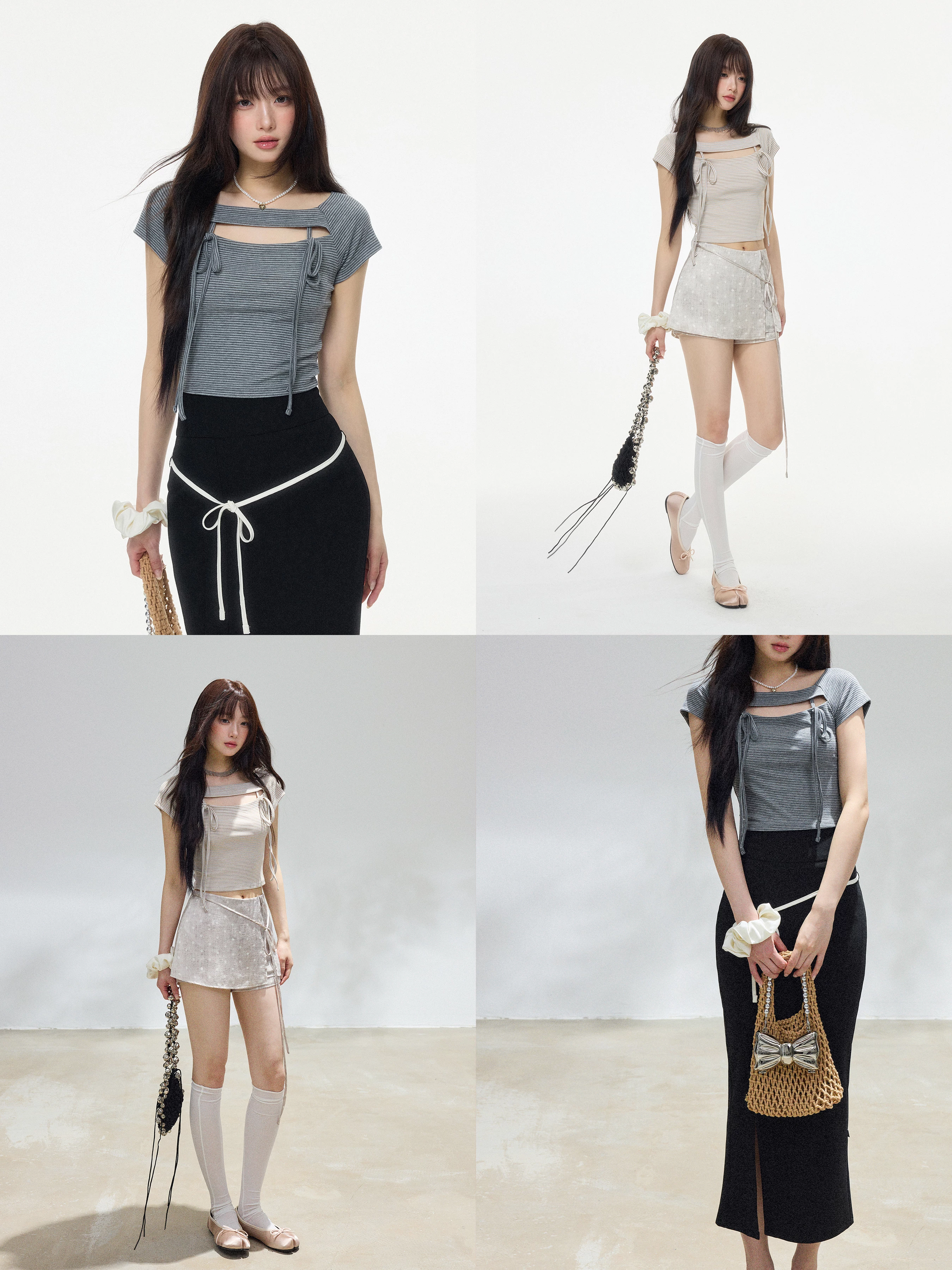 リボン付き スクエアネック ショートTシャツ 商品写真