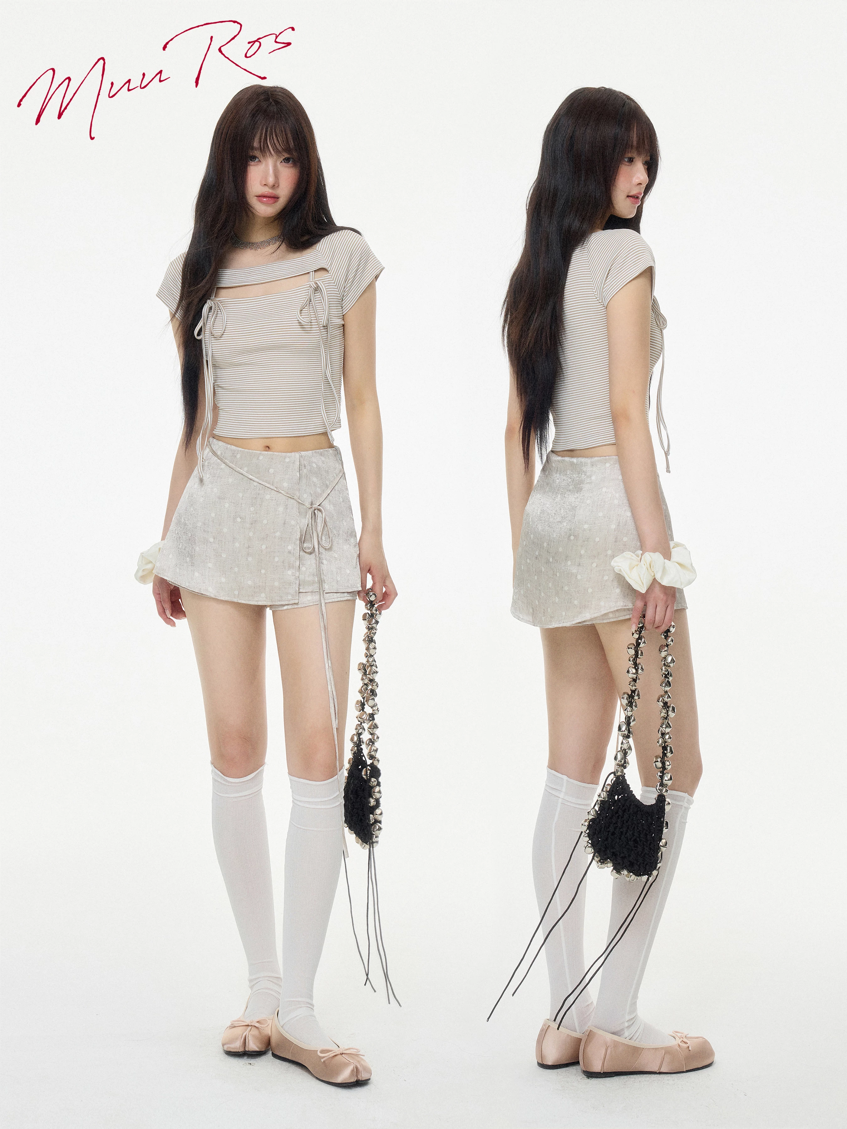 リボン付き スクエアネック ショートTシャツ 商品写真