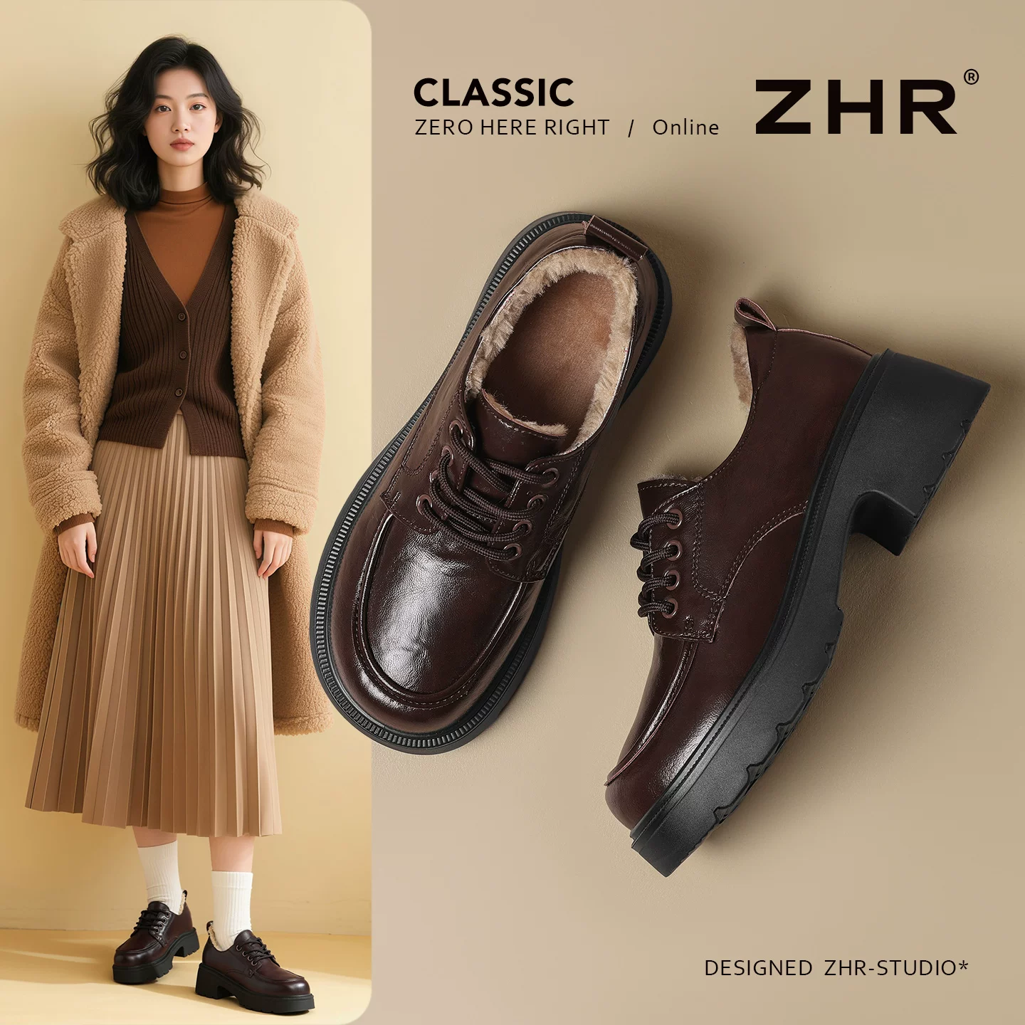 ZHR ボア裏地 厚底レースアップシューズ