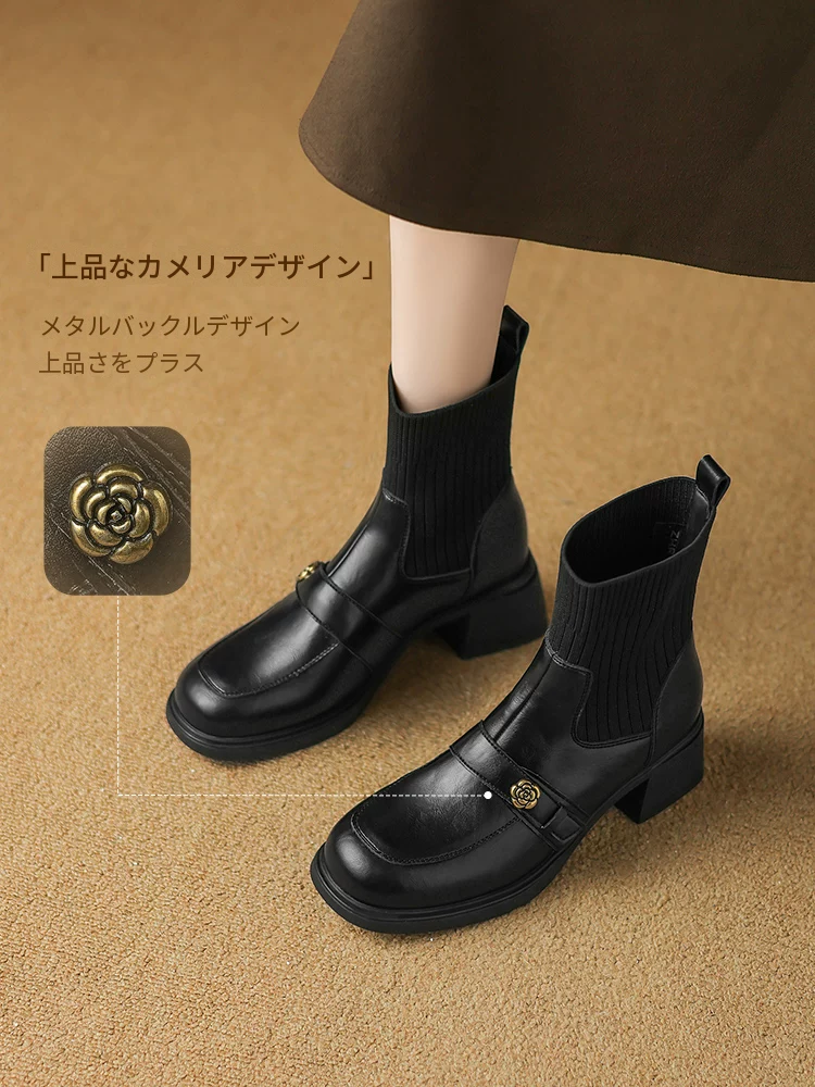 ZHR カメリアモチーフ 5.5cmヒール ソックスブーツ