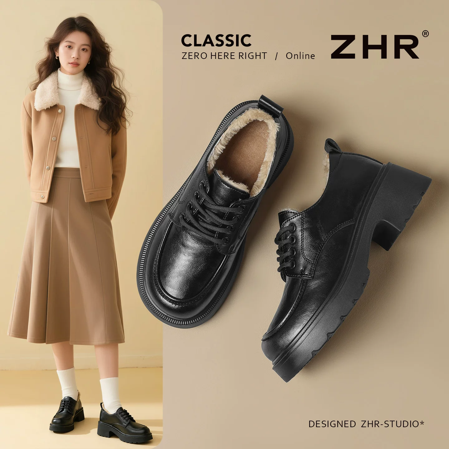 ZHR ボア裏地 厚底レースアップシューズ