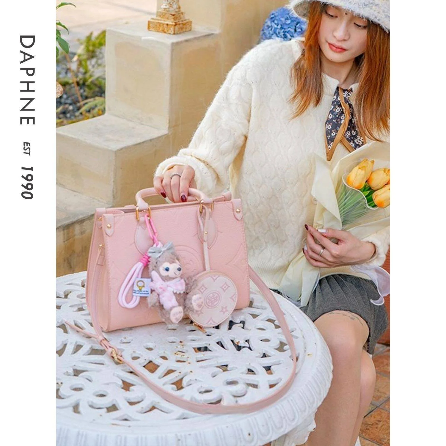 プリント柄 トートバッグ 2点セット ライトブルー＆ピンク｜商品写真