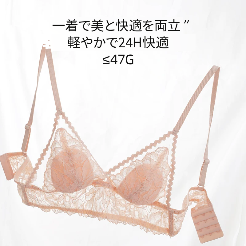 フレンチレース三角カップブラ＆ショーツセット　ノンワイヤー　薄手