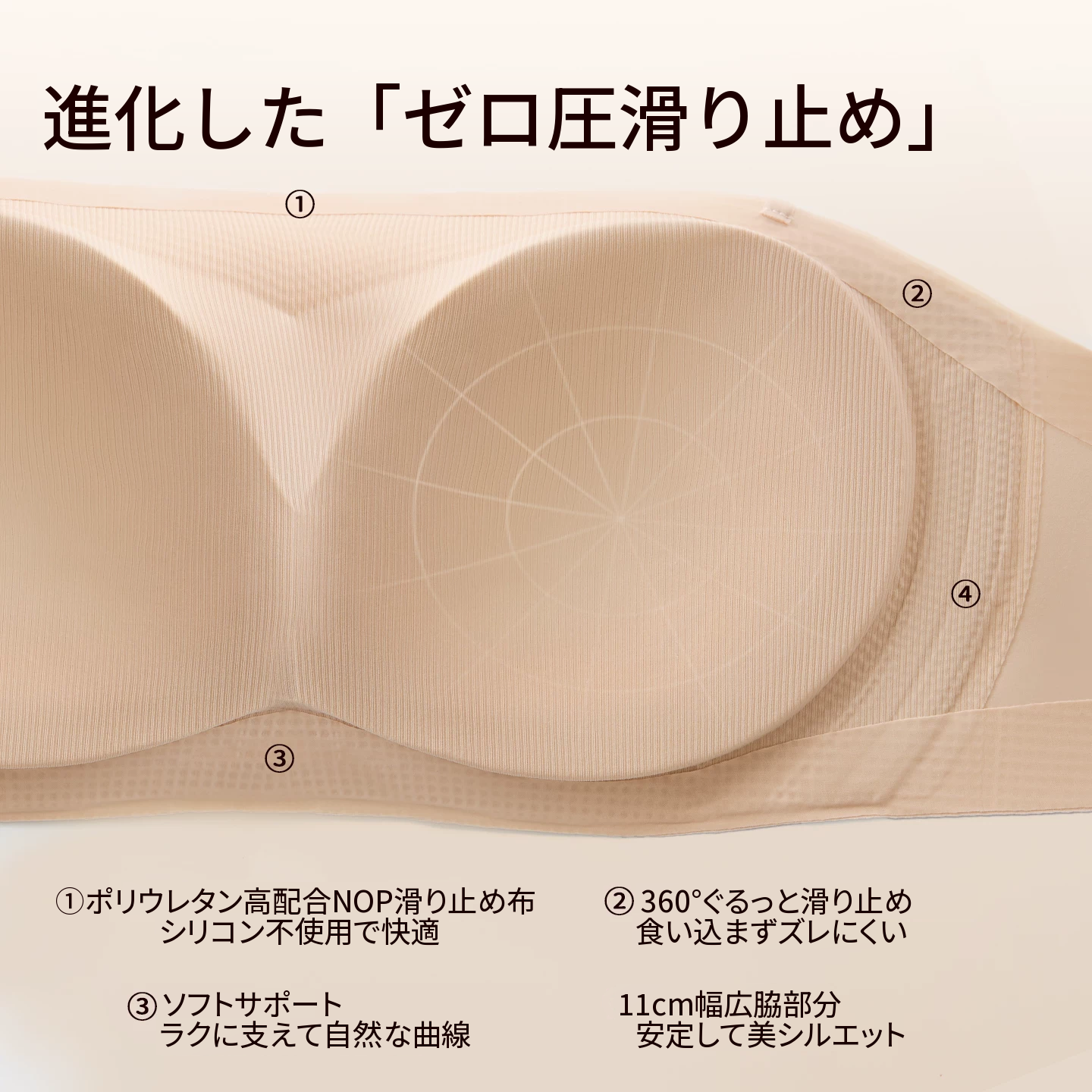 ストラップレスのシームレスチューブブラ　ワイヤーなしの一枚仕立て