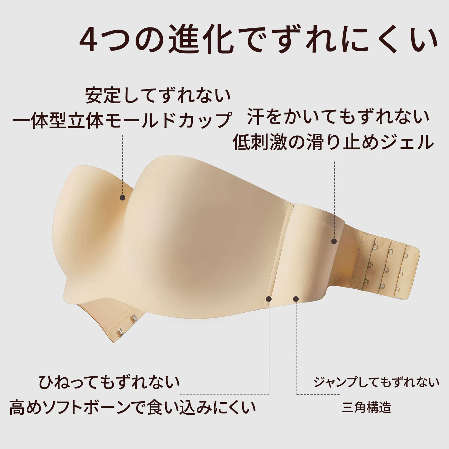 ずれにくさに配慮したストラップレスのブラセット