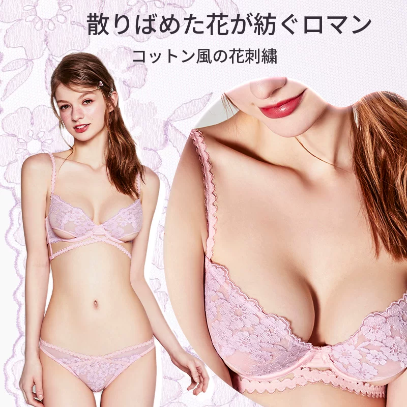 メッシュと刺繍レースのブラセット　ワイヤー入り・薄手