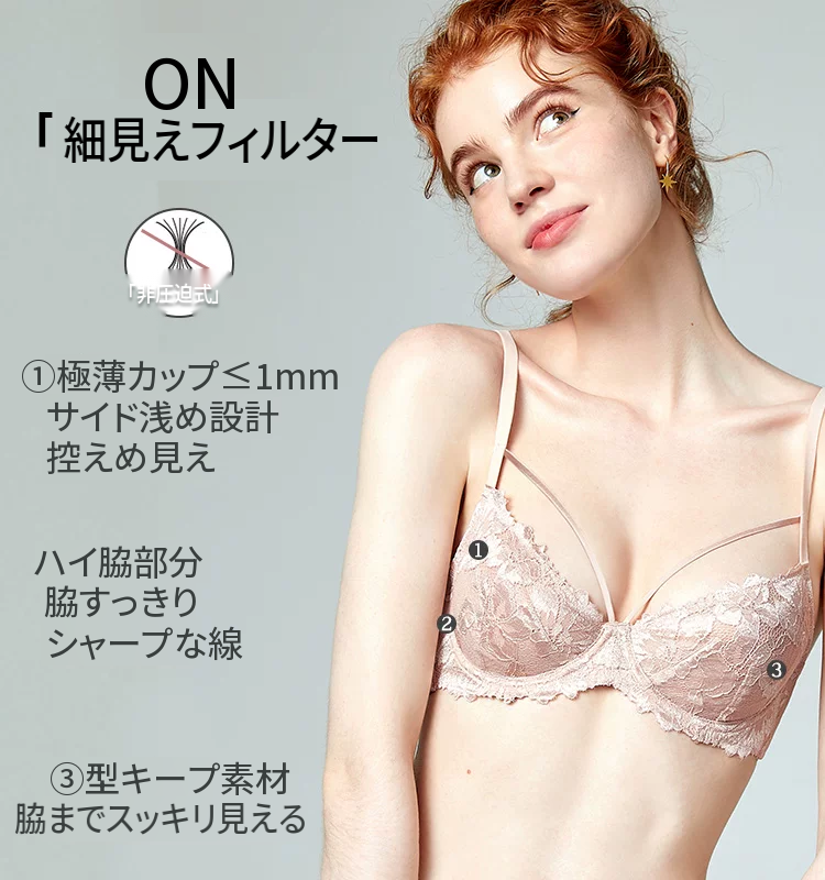 フレンチレースの極薄ワイヤー入りブラセット　3/4カップ