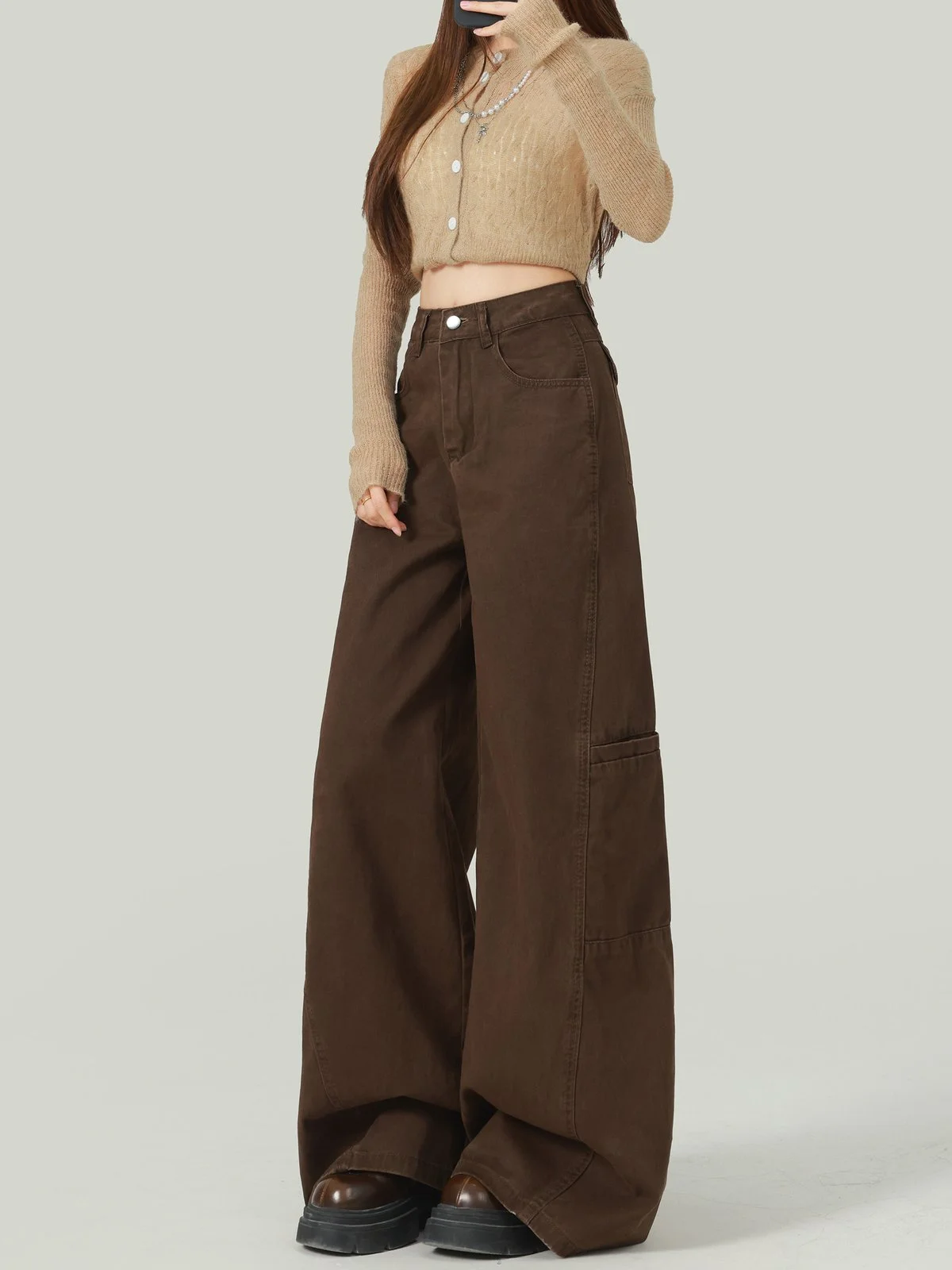LA CHAPELLE ハイウエスト ワイドワークデニムパンツ ブラウン｜商品写真
