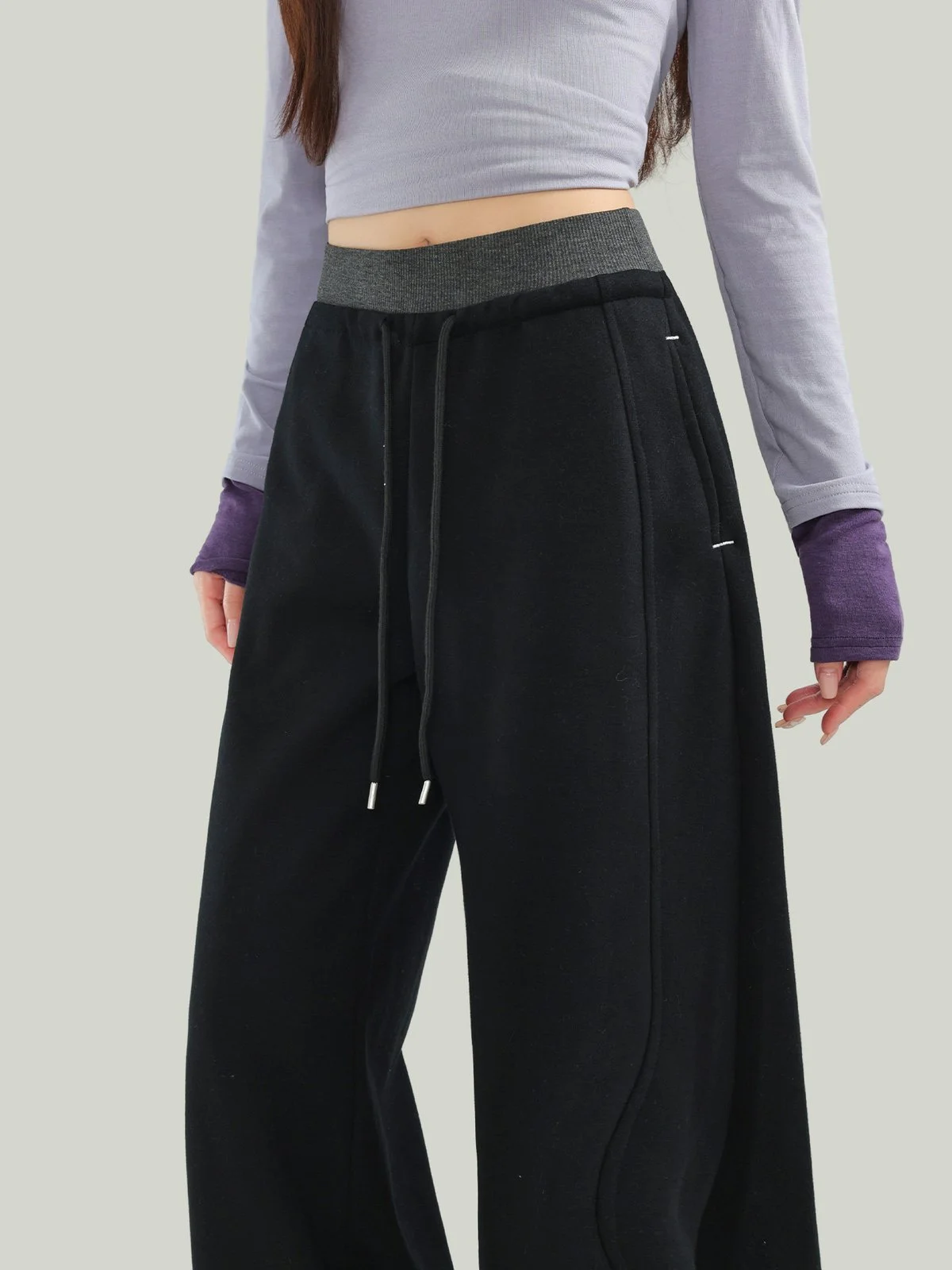 LA CHAPELLE ゆったり ハイウエスト スポーティ ワイドストレートパンツ ブラック｜商品写真