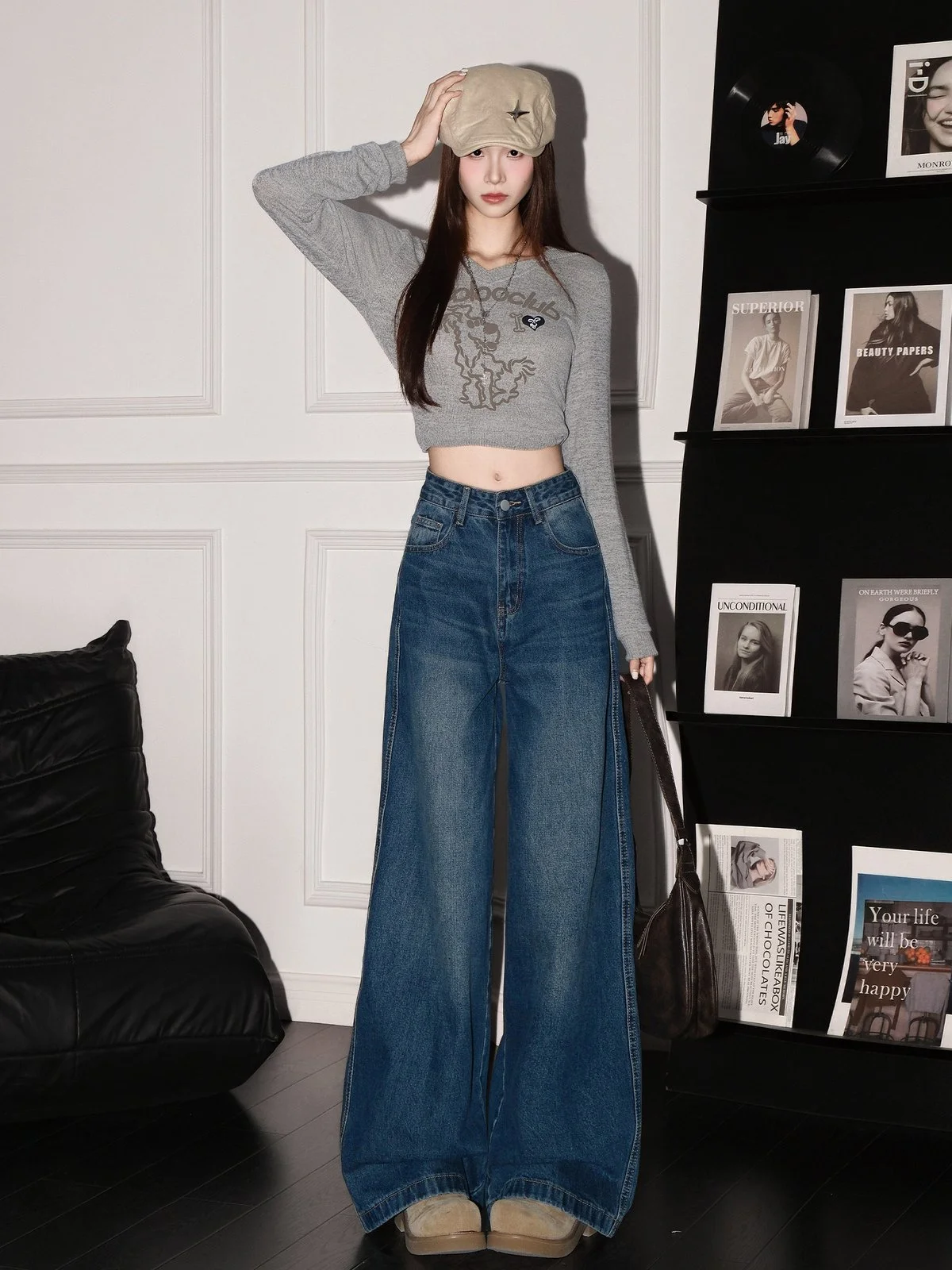 LA CHAPELLE アメカジ風 ひげ加工 ハイウエスト ワイドデニムパンツ レトロブルー｜商品写真