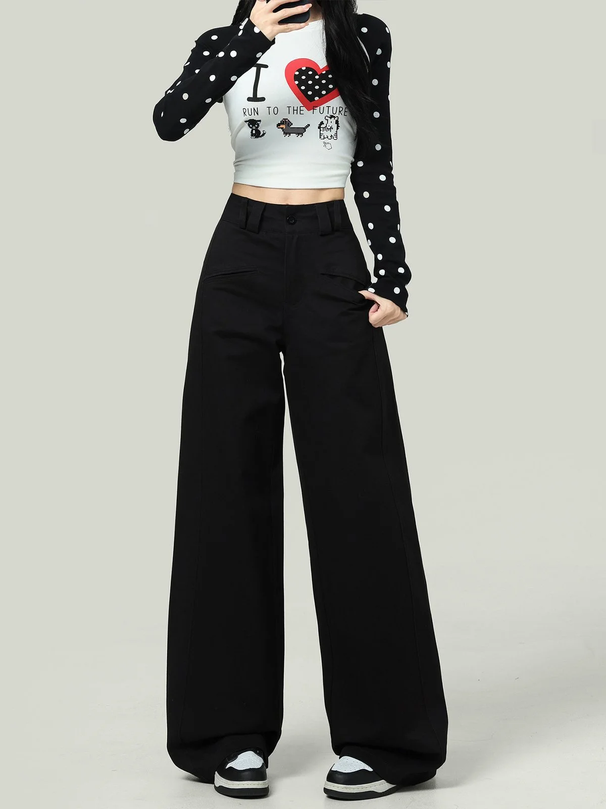LA CHAPELLE ハイウエスト ワイドパンツ ブラック ロング丈｜商品写真