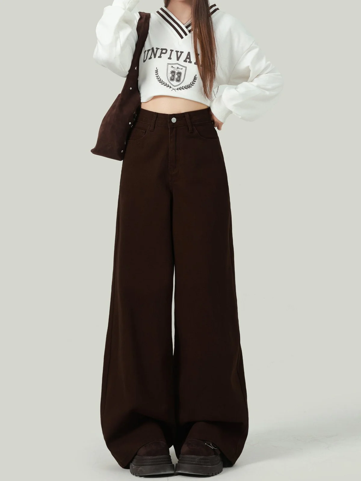 LA CHAPELLE バックポケット ワイドストレート デニムパンツ コーヒーブラウン｜商品写真