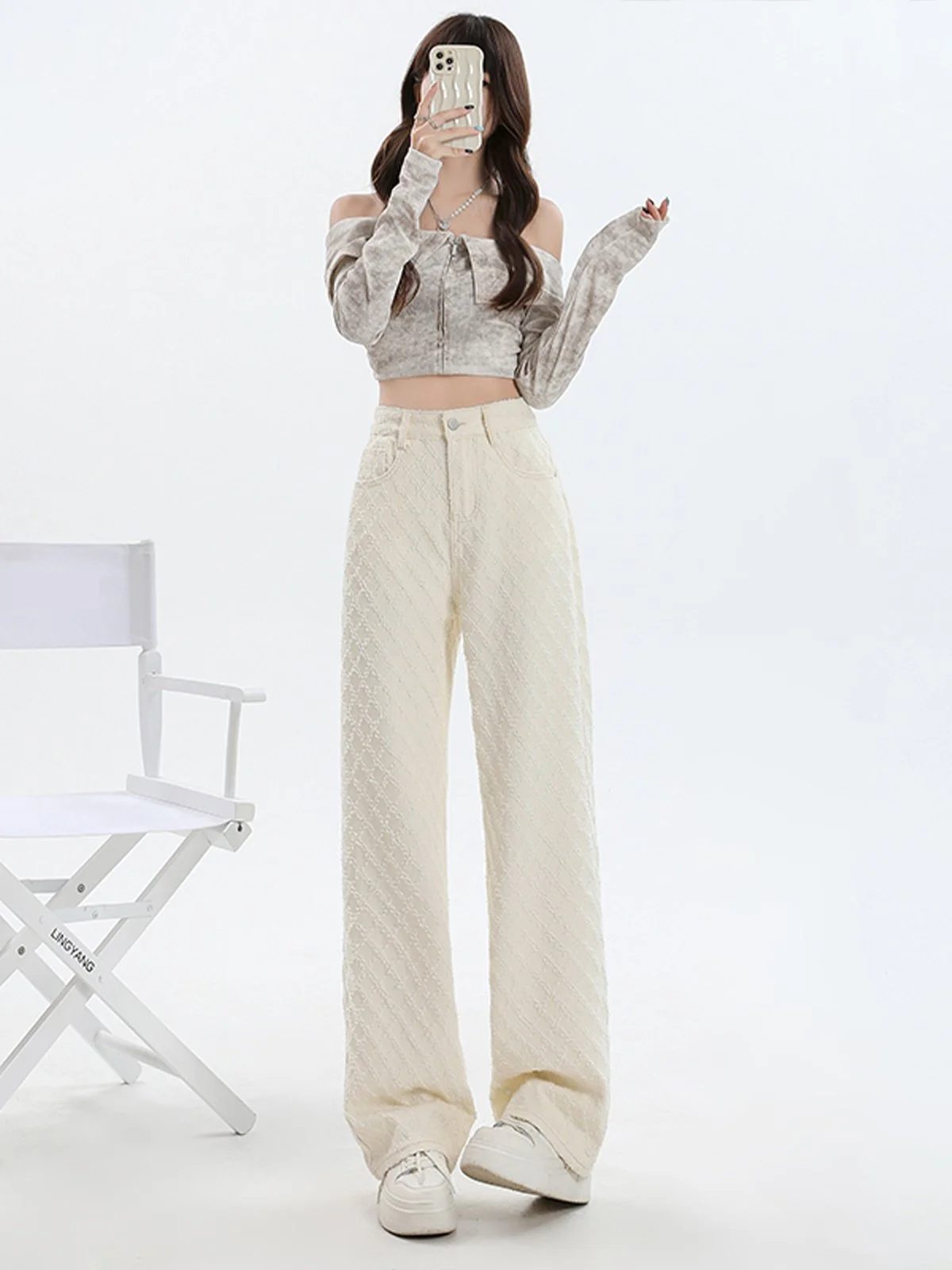 LA CHAPELLE ハイウエスト ストレートワイド デニムパンツ アプリコット｜商品写真