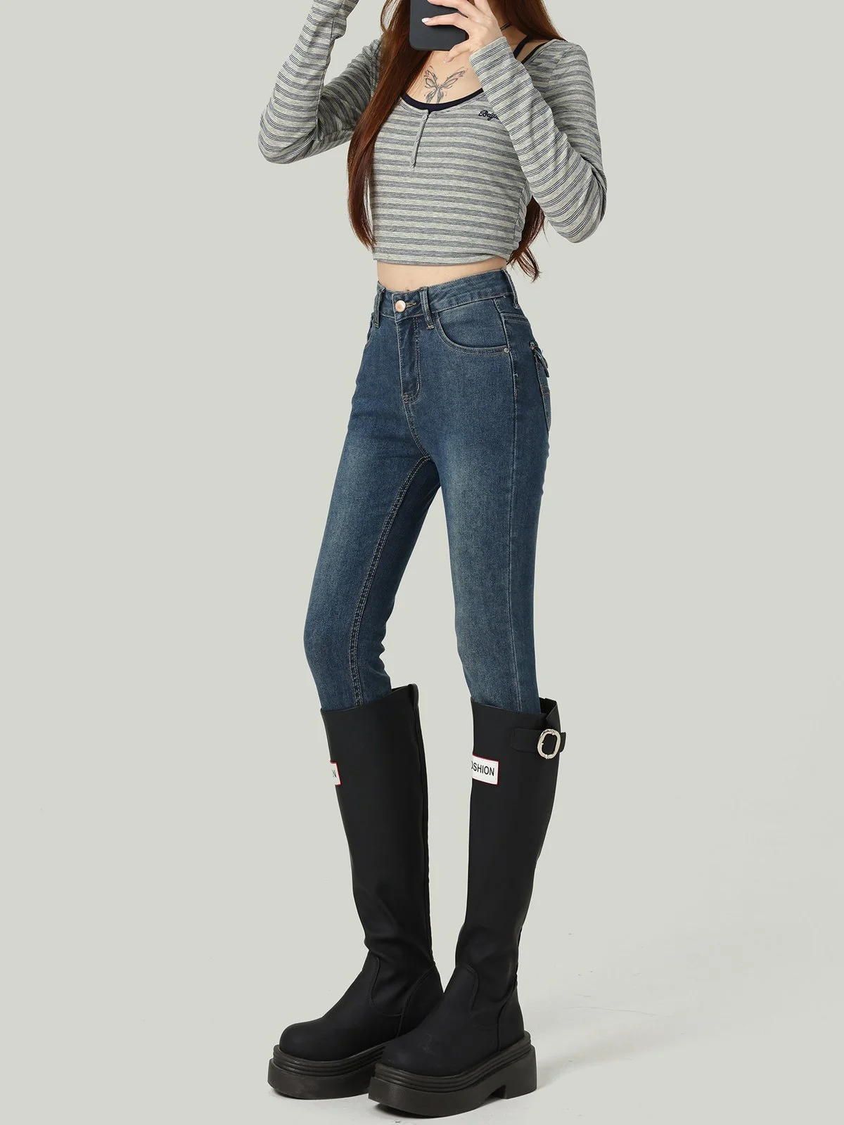 LA CHAPELLE ハイウエスト ストレッチ スキニーデニムパンツ ヴィンテージブルー｜商品写真