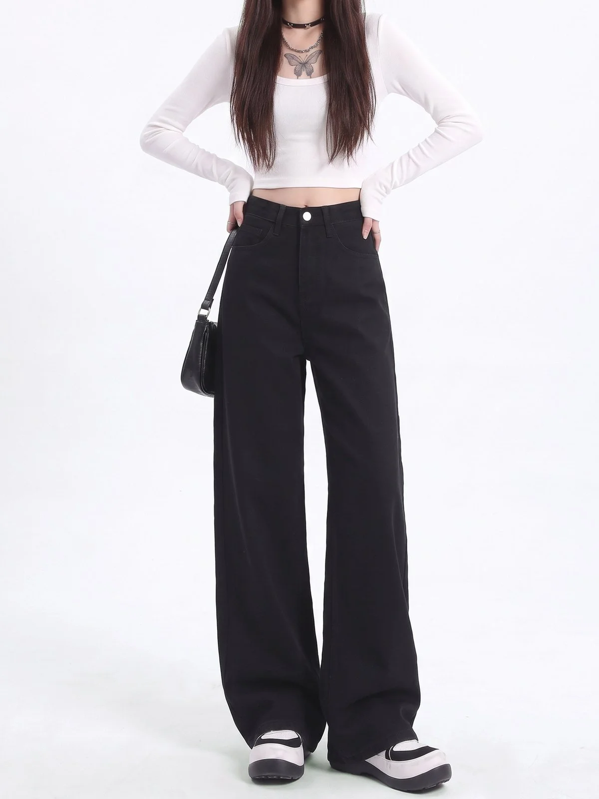 LA CHAPELLE ハイウエスト ワイドストレート デニムパンツ ブラック｜商品写真