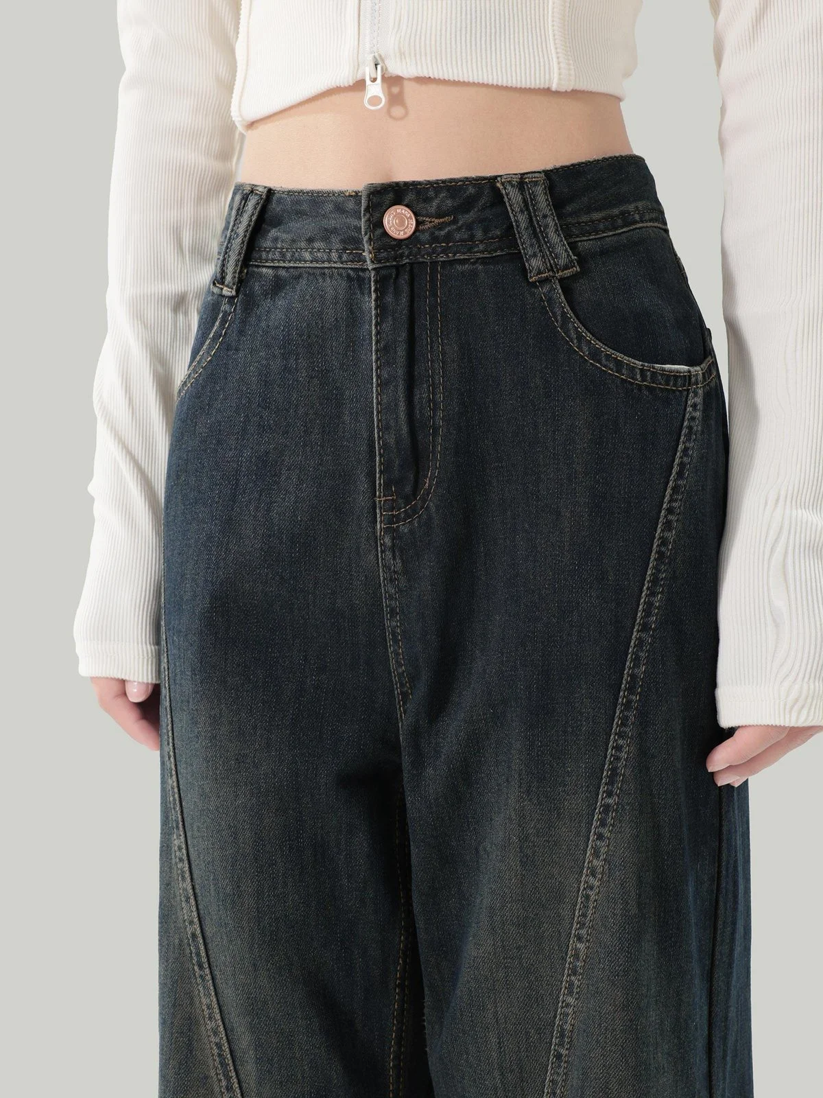 LA CHAPELLE 切り替えデザイン ワイドデニムパンツ ロング丈｜商品写真