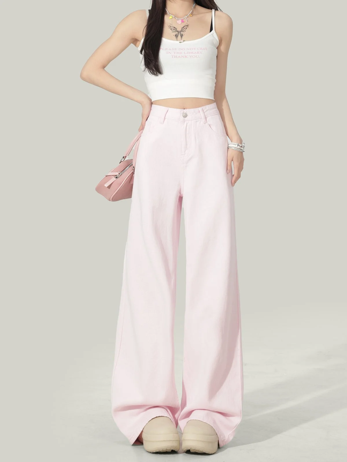 LA CHAPELLE ロング丈 ワイドストレート デニムパンツ サクラピンク｜商品写真