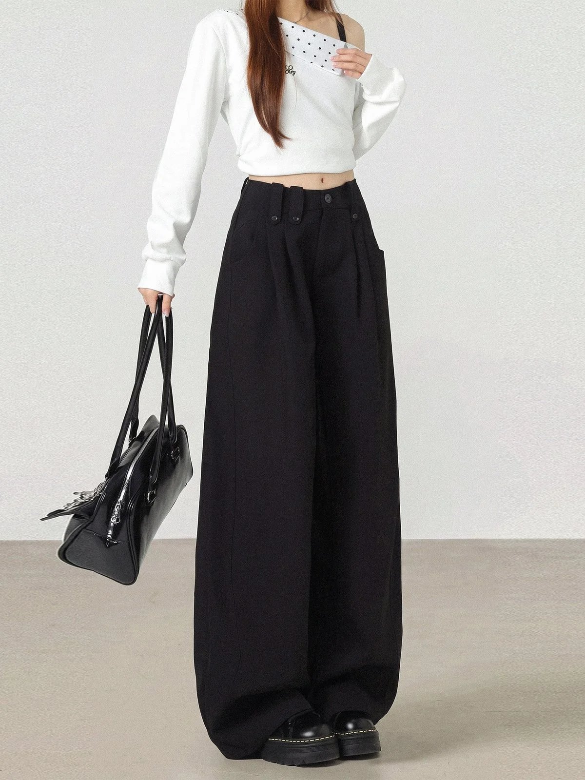 LA CHAPELLE シワ加工 ハイウエスト ワイドスラックス ブラック｜商品写真