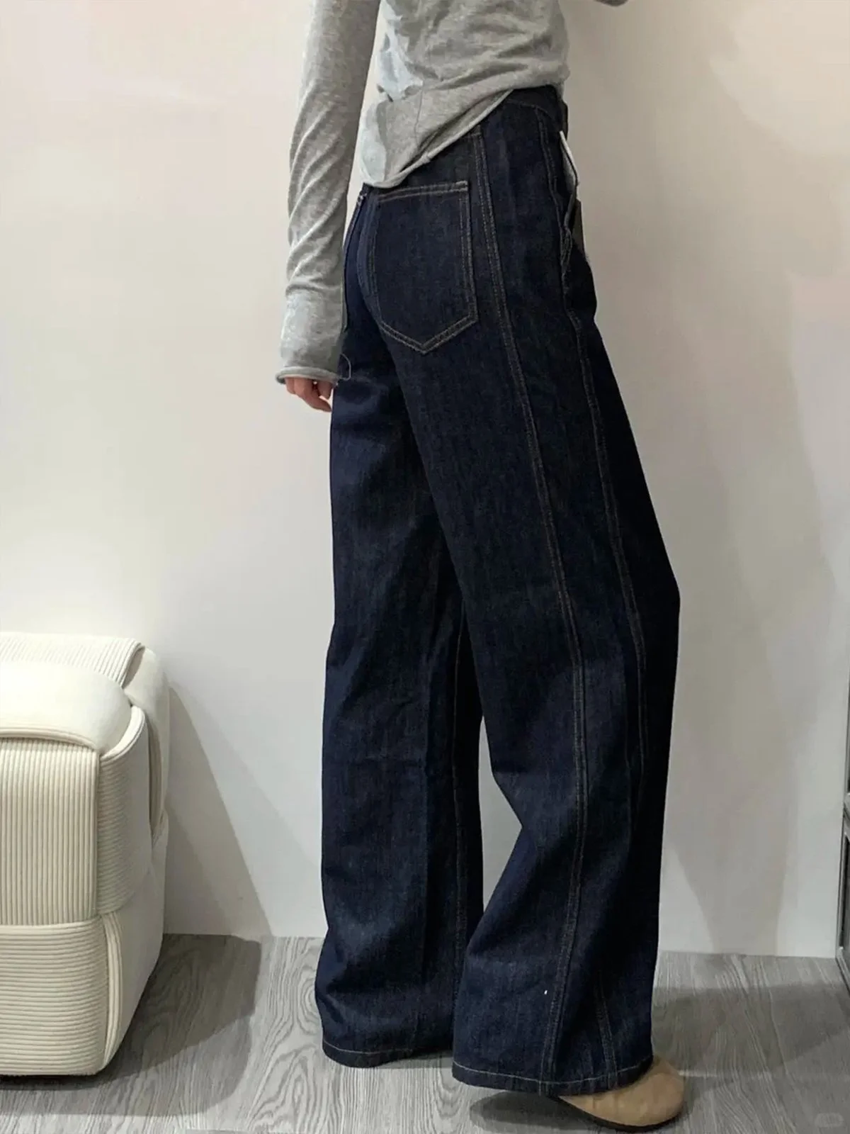 LA CHAPELLE アメカジ ストレートワイド デニムパンツ ダークブルー｜商品写真