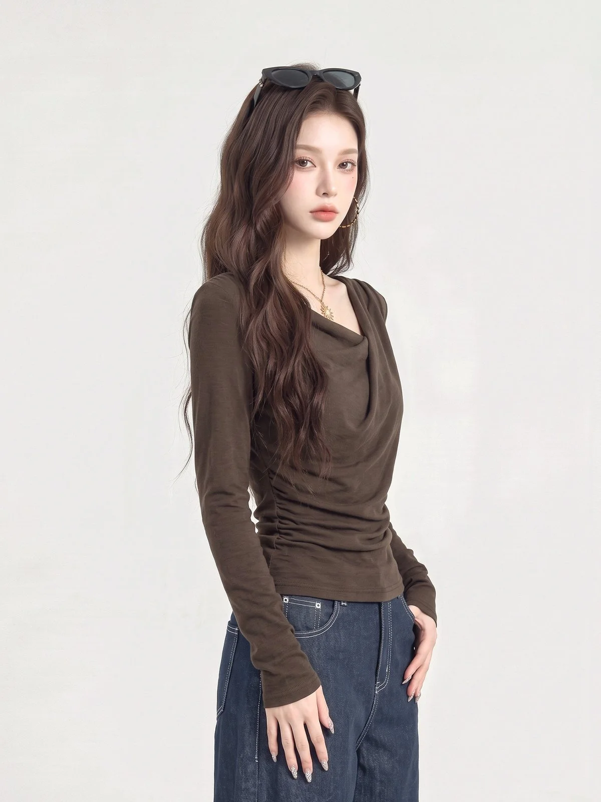 LA CHAPELLE カウルネック スリムフィット 長袖Tシャツ｜商品写真