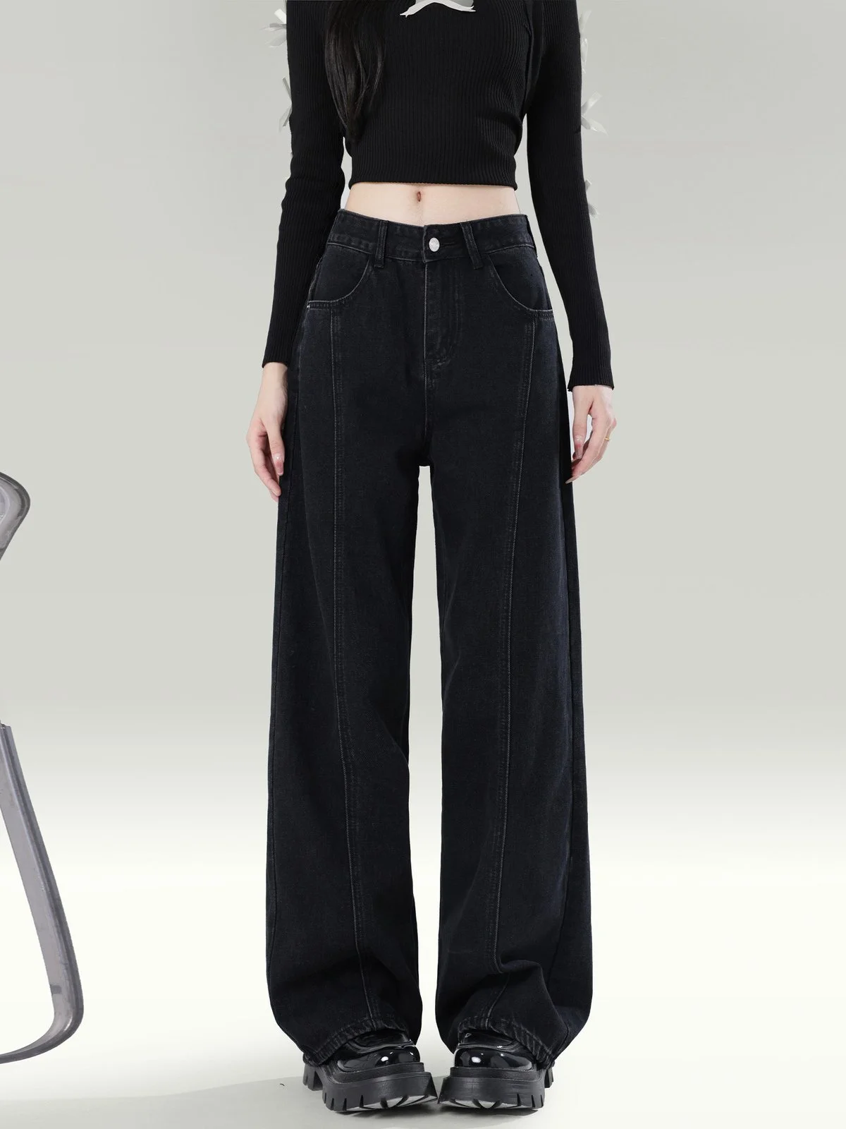 LA CHAPELLE ハイウエスト ワイドストレート ロング丈デニムパンツ ブラック｜商品写真