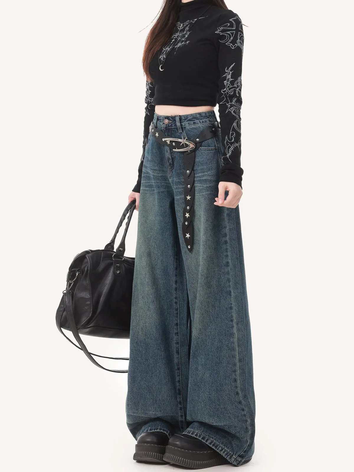 LA CHAPELLE アメカジ ハイウエスト ルーズ ワイドストレートデニムパンツ｜商品写真