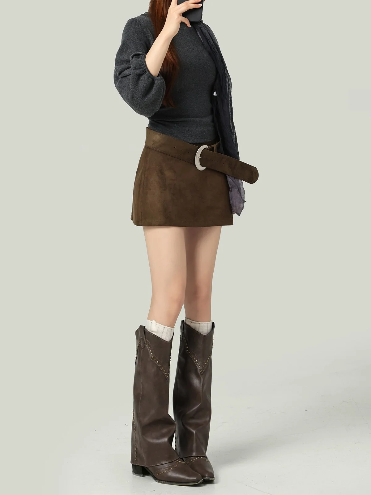 LA CHAPELLE ワイドベルト付き Aラインミニスカート ブラウン｜商品写真