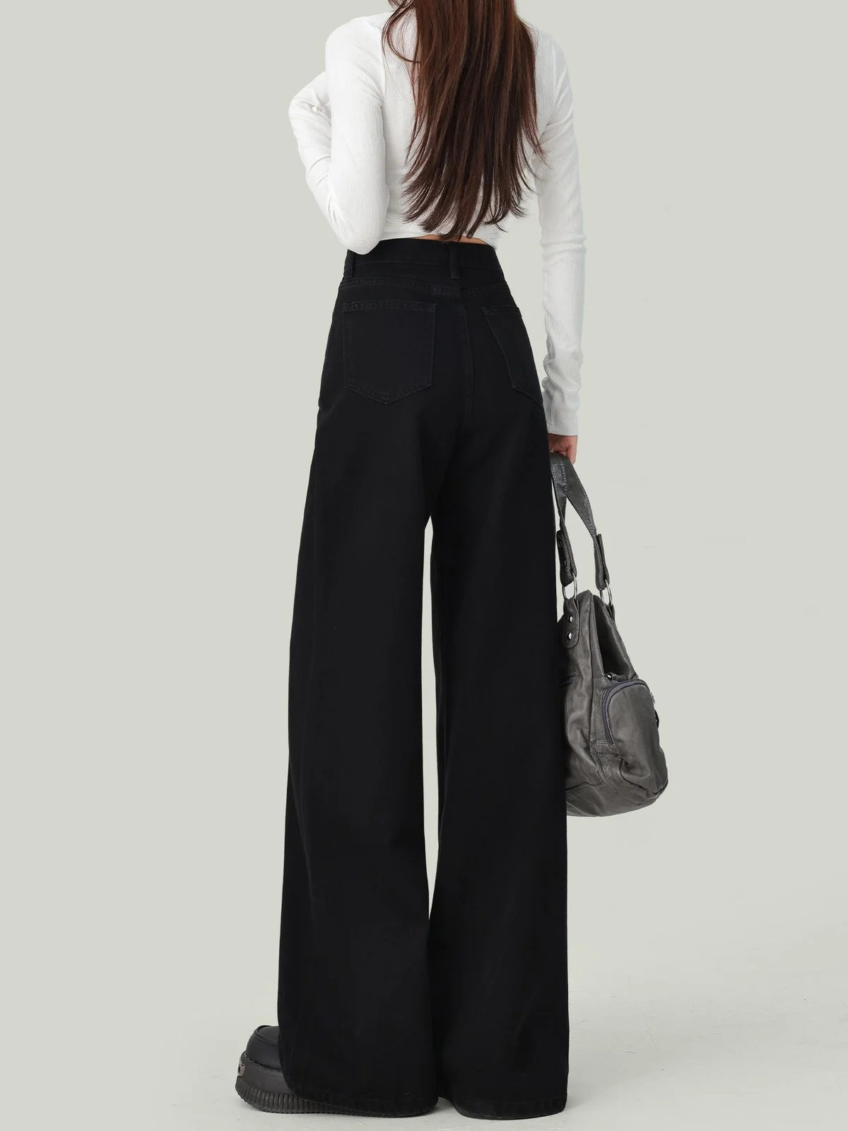 LA CHAPELLE ゆったりシルエット ハイウエスト ロング丈 ワイドデニムパンツ ブラック｜商品写真